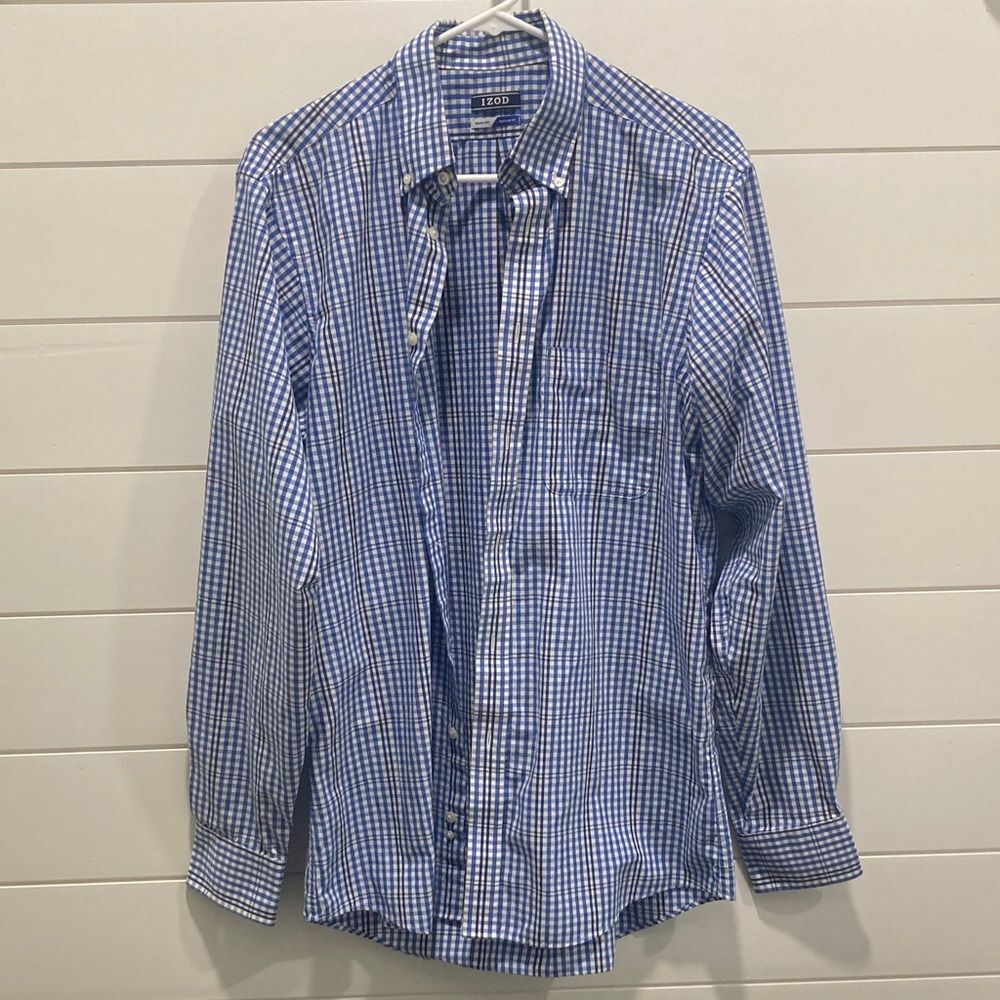 Izod Business Casual, Blue & White Plaid, Button-Down Shirt- Sz 15.5-Reg Fit-GUC